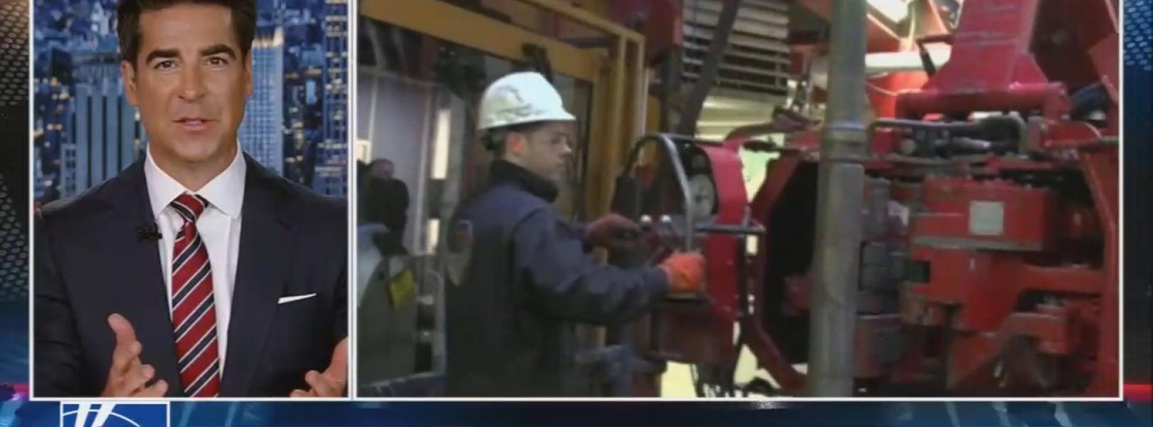 Fox host Jesse Watters with a chyron stating: "U.S. oil market booms during war"