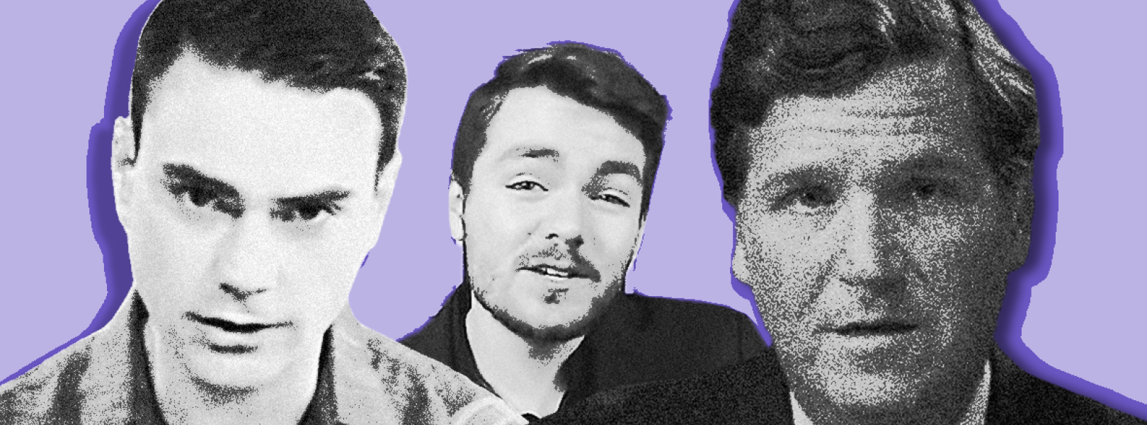 headshots of ben shapiro, nick fuentes, and tucker carlson in black and white against a purplish blue background
