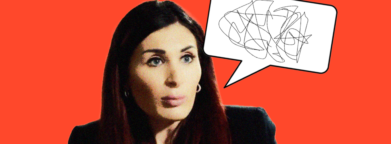 Laura Loomer with a speech bubble filled with scribbles