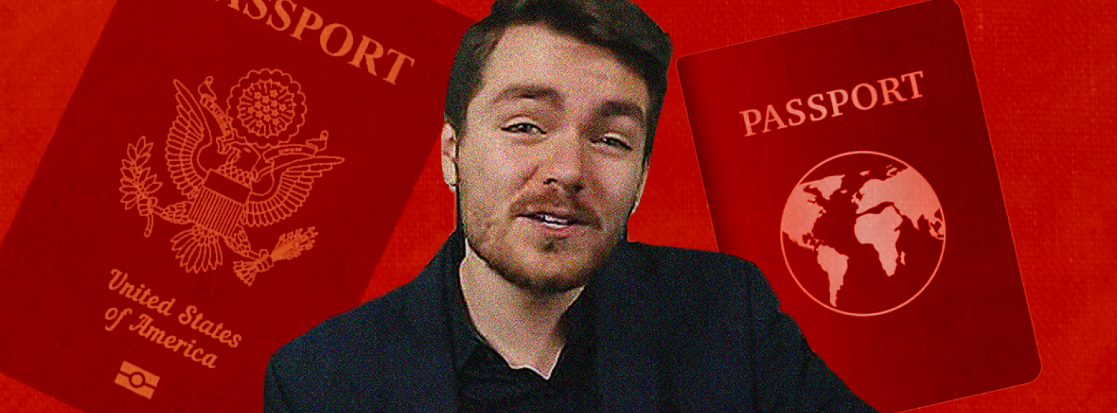 Image of Nick fuentes on a red background with two passports behind him 