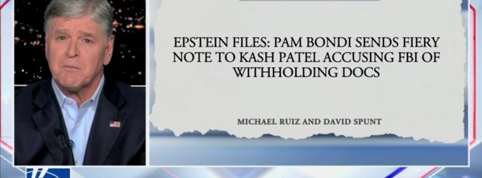 Screenshot from the February 27, 2025, edition of Fox News' Hannity on Bondi and Jeffrey Epstein