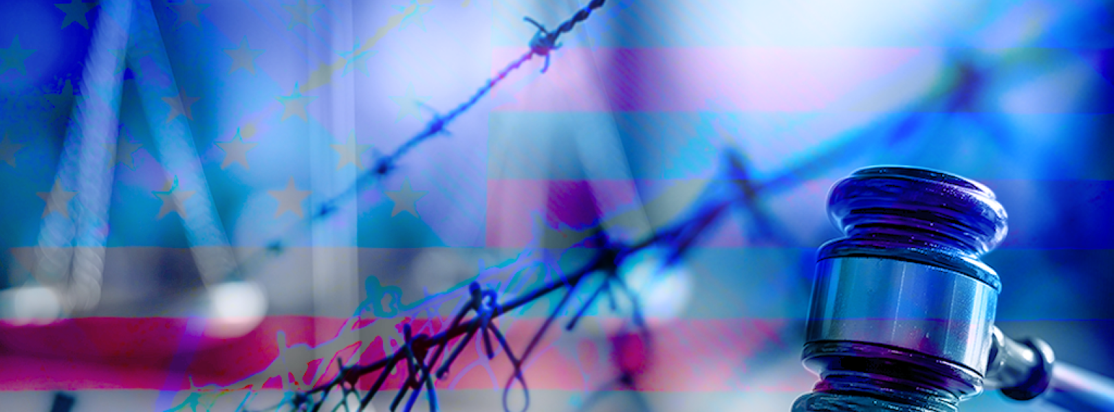 A gavel and barbed wire fence in front of an American flag