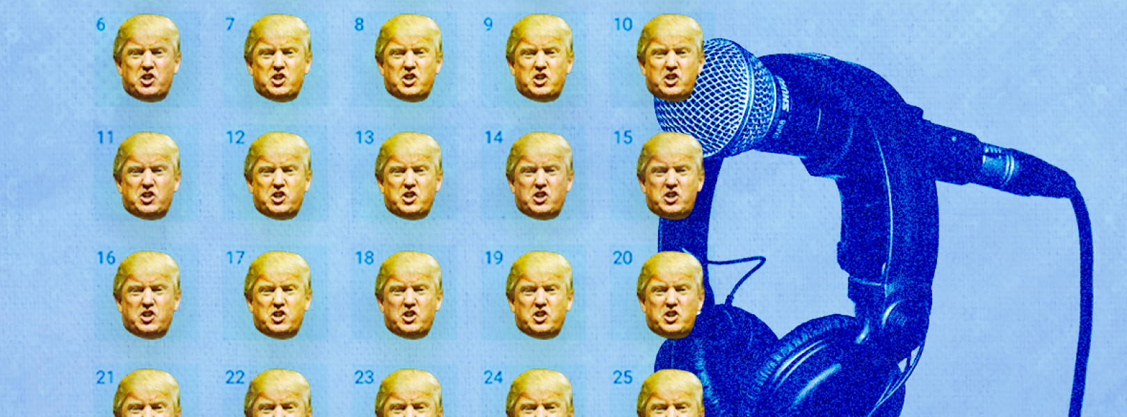 dozens of tiny trump heads form a square against a blue background with the outline of a podcaster's head in the distance