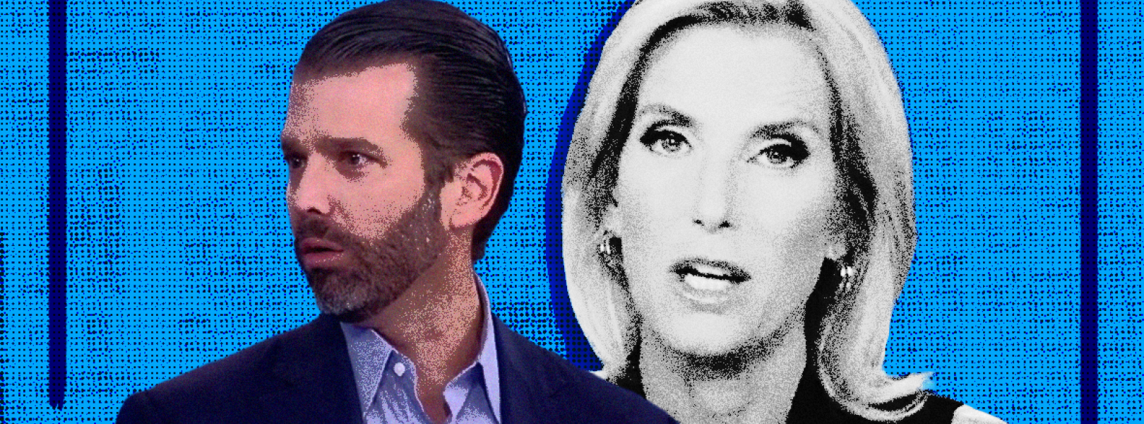 Stylized still images of Donald Trump Jr and Laura Ingraham, with a blue background.