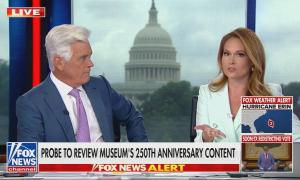 still of Roberts, Turner; chyron: Probe to review Museum's 250th anniversary content