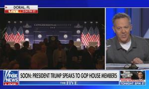 still of Gutfeld; chyron: Soon: President Trump speaks to GOP House members