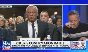 still of Greg Gutfeld; chyron: RFK Jr's confirmation battle Trump's HHS pick grilled by senators at 1st hearing