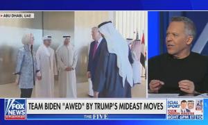 still of Gutfeld; chyron: Team Biden "awed" by Trump's Mideast moves