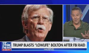 still of Gutfeld; chyron: Trump blasts "lowlife" Bolton after FBI raid