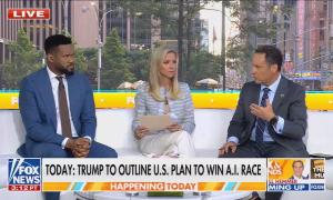 still of Lawrence, Ainsley, Brian; chyron: Today: Trump to outline U.S. plan to win A.I. race