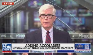 still of Hewitt; chyron: Adding accolades? Netanyahu says Trump should win Nobel peace prize