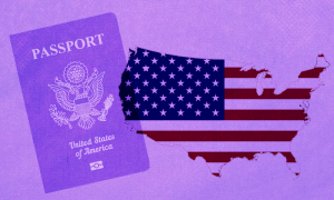 An American passport and a U.S. map