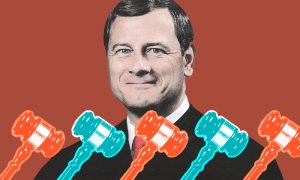 Image of Chief Justice John Roberts overlaid with multi-colored gavels