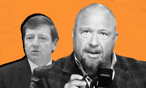 Ed Martin and Alex Jones on orange background
