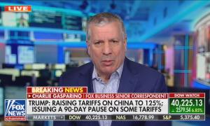 still of Gasparino; chyron: Trump: Raising tariffs on China to 125%; Issuing a 90-day pause on some tariffs