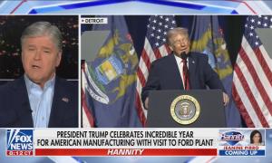 Fox host Sean Hannity with a chyron displaying: "President Trump celebrates incredible year for American manufacturing with visit to Ford plant"