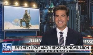 still of Watters; image of Hegseth; chyron: Left's very upset about Hegseth's nomination