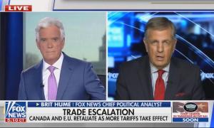 still of Roberts, Hume; chyron: Trade escalation / Canada and E.U. retaliate as more tariffs take effect