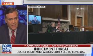 still of Turley; chyron: Indictment threat / Justice department alleges Comey lied to Congress