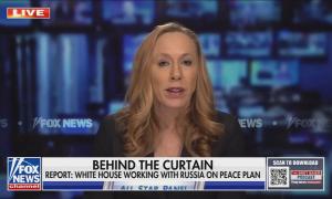 still of Strassel; chyron: Behind the curtain / Report: White House working with Russia on peace plan