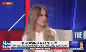Fox host Tomi Lahren with a chyron mocking concerns over Europe's jet fuel crisis