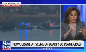 still of Jeanine Pirro; footage of DCA plane crash; chyron: Now: crane at scene of deadly DC plane crash