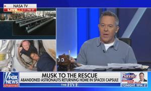 still of Gutfeld; chyron: Musk to the rescue / Abandoned astronauts returning home in SpaceX capsule