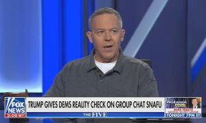 still of Gutfeld; chyron: Trump gives Dems reality check on group chat snafu