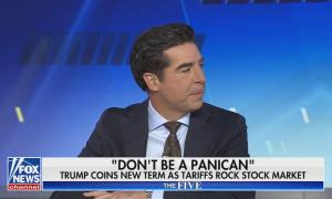 still of Watters; chyron: "Don't be a panican" Trump coins new term as tariffs rock stock market