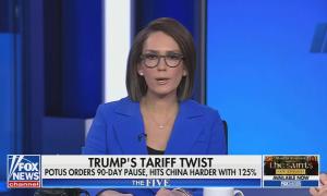 still of Jessica; chyron: Trump's tariff twist / POTUS orders 90-day pause, hits China harder with 125%