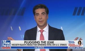 still of Watters; chyron: Plugging the leak / Hegseth blasts media for spinning intel on U.S. strikes