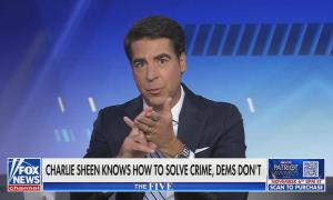 still of Watters; chyron: Charlie Sheen knows how to solve crime, Dems don't
