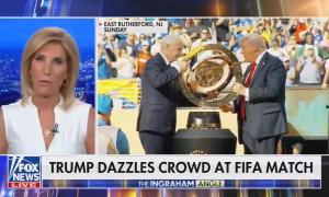 On Fox News, Laura Ingraham next to a still image of Donald Trump and Gianni Infantino holding a gaudy gold trophy