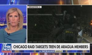 Laura Ingraham's show with a chyron that reads, "Chicago raid targets Tren de Aragua members"