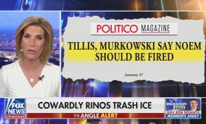 still of Ingraham; chyron: Cowardly RINOs trash ICE