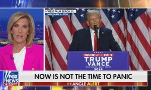 still of Ingraham; chyron: Now is not the time to panic