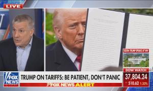 still of Gasparino; chyron: Trump on tariffs: Be patient, don't panic