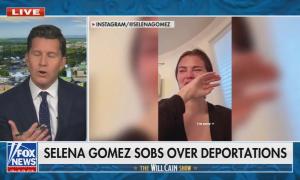 still of Will Cain; footage of Selena Gomez; chyron: Selena Gomez sobs over deportations