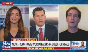 still of Cain, DZYADKO; chyron: Now: Trump hosts world leaders in quest for peace