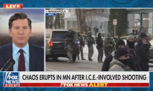 still of Cain; chyron: Chaos erupts in MN after ICE-involved shooting