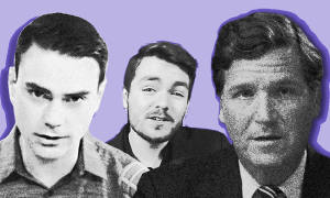 headshots of ben shapiro, nick fuentes, and tucker carlson in black and white against a purplish blue background