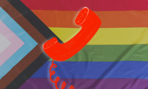 A red landline phone with a progress pride flag as the background.