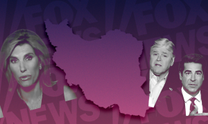 Laura Ingraham on one side of Iran, Sean Hannity and Jesse Watters on the other