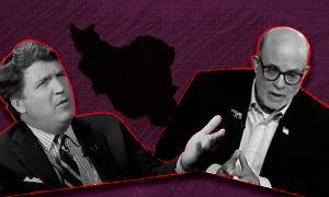 Tucker Carlson and Mark Levin in front of a map of Iran
