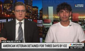 still of Hayes, Retes; chyron: American veteran detained for three days by ICE