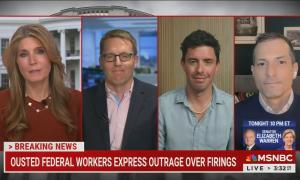 still of Wallace, Fahrenthold, Miller, Carusone; chyron: Ousted federal workers express outrage over firings