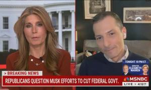 still of Wallace, Carusone; chyron: Republicans question Musk efforts to cut federal govt.