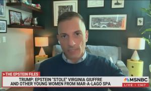 still of Carusone; chyron: Trump: Epstein "stole" Virginia Giuffre and other young women from Mar-a-Lago spa