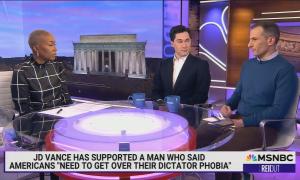 still of Joy Reid, Hugo Lowell, Angelo Carusone; chyron: JD Vance supported a man who said Americans "need to get over their dictator phobia"
