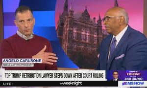 still of Carusone; chyron: Tom Trump retribution lawyer steps down after court ruling